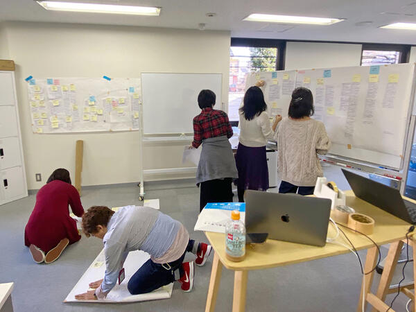 写真：見えてきた関係性をもとにKAカードを再構築。勉強会も佳境の様子。