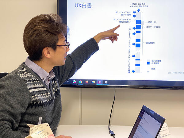 写真：勉強会で説明する筆者・上野