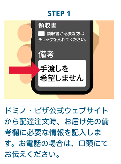 画像：ドミノピザサイトより。「手渡しを希望しない」お客様への手順説明画面のキャプチャ