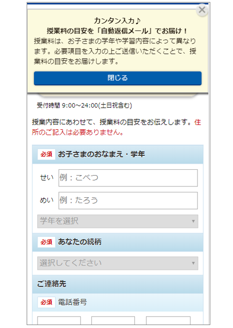 画像：申込フォームでのポップアップが出ている画面キャプチャ