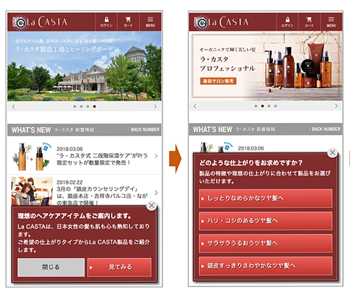 画像：２つのスマホ画面。左：画面４分の１くらいのポップアップ画面。右：画面の半分くらいのサイズのポップアップ