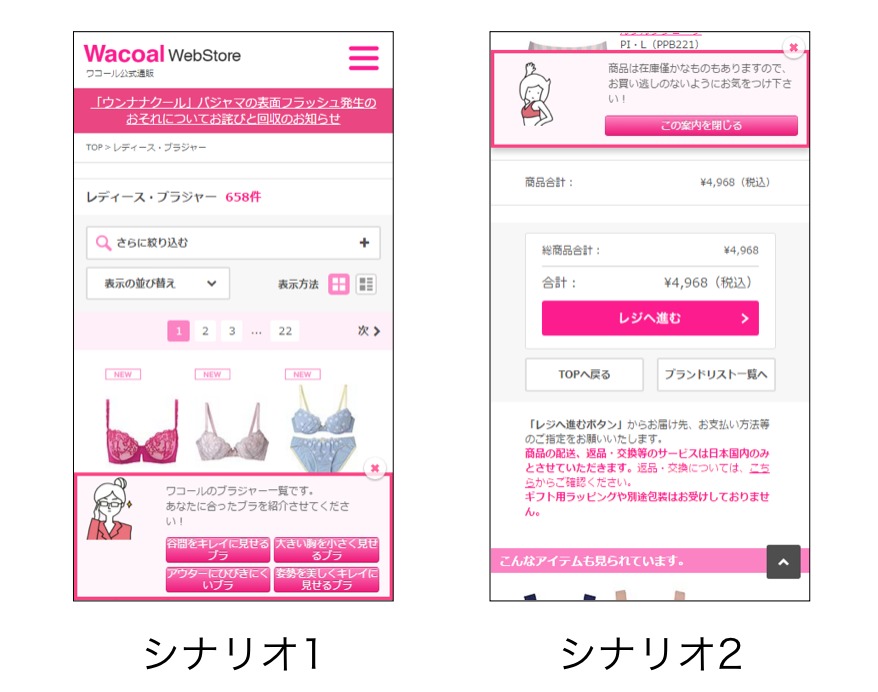 イメージ：商品を探している人を案内し、欲しい商品に導くポップアップと、カートに商品を入れた人に返品や在庫状況をお知らせするポップアップ