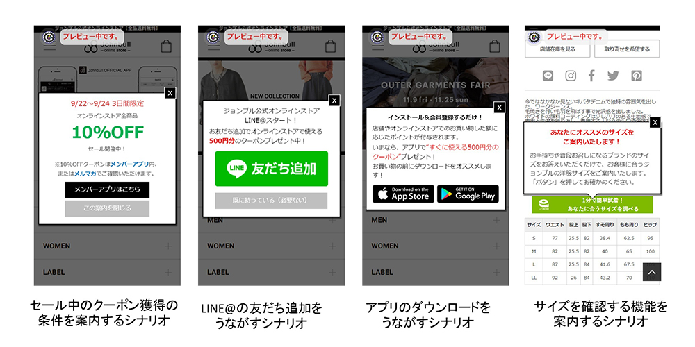 イメージ：クーポン獲得の条件を案内、LINE＠の友達追加を促す、アプリダウンロードを促す、サイズ確認機能を何愛するという4種のポップアップ