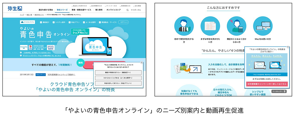 イメージ：ニーズ別案内と特長を動画で紹介するポップアップ