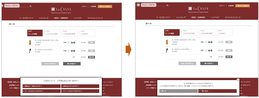 イメージ：送料やキャンセルの仕方など、お客様が注文時に感じる不安を解消するための情報を案内するポップアップ