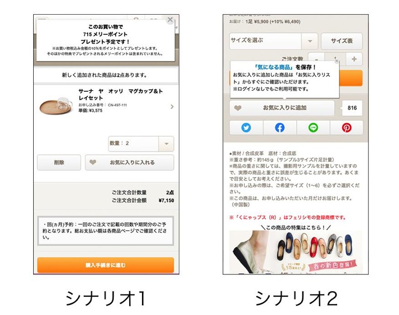 イメージ：ポイント付与を案内するポップアップと、商品のお気に入り登録追加を促進するポップアップ