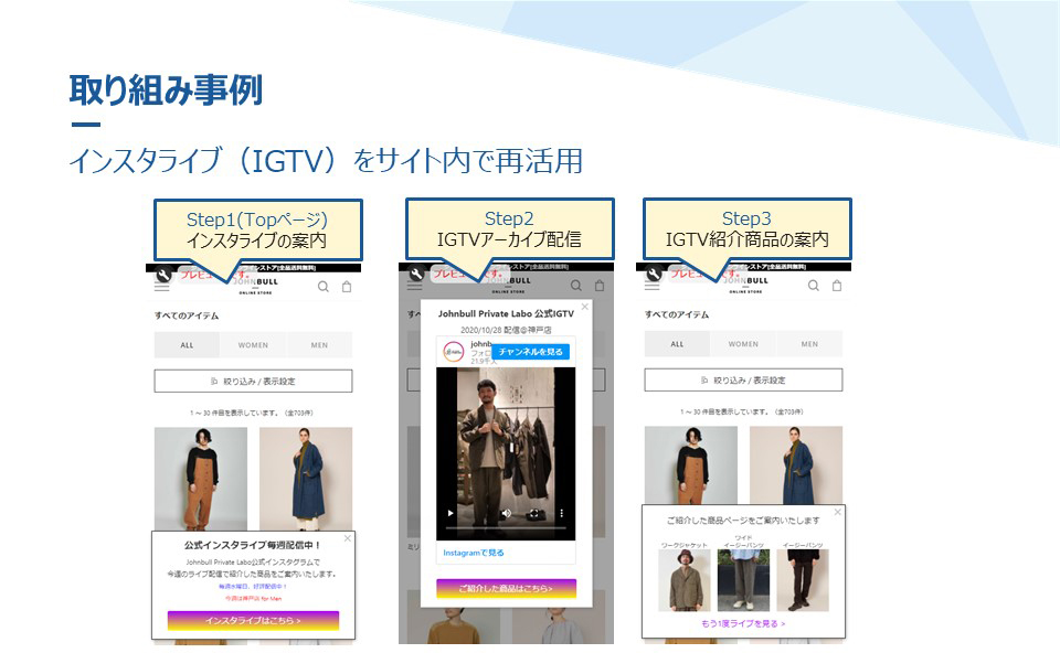 イメージ：インスタライブ（IGTV）をサイト内で再活用したポップアップ