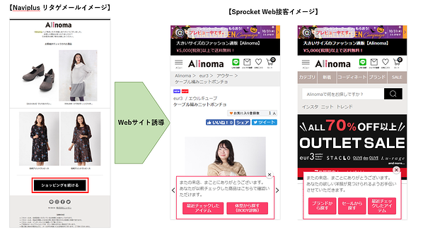 画像：NaviPlusのリタゲメールリンクから誘導したサイトで適格なポップアップを表示させる